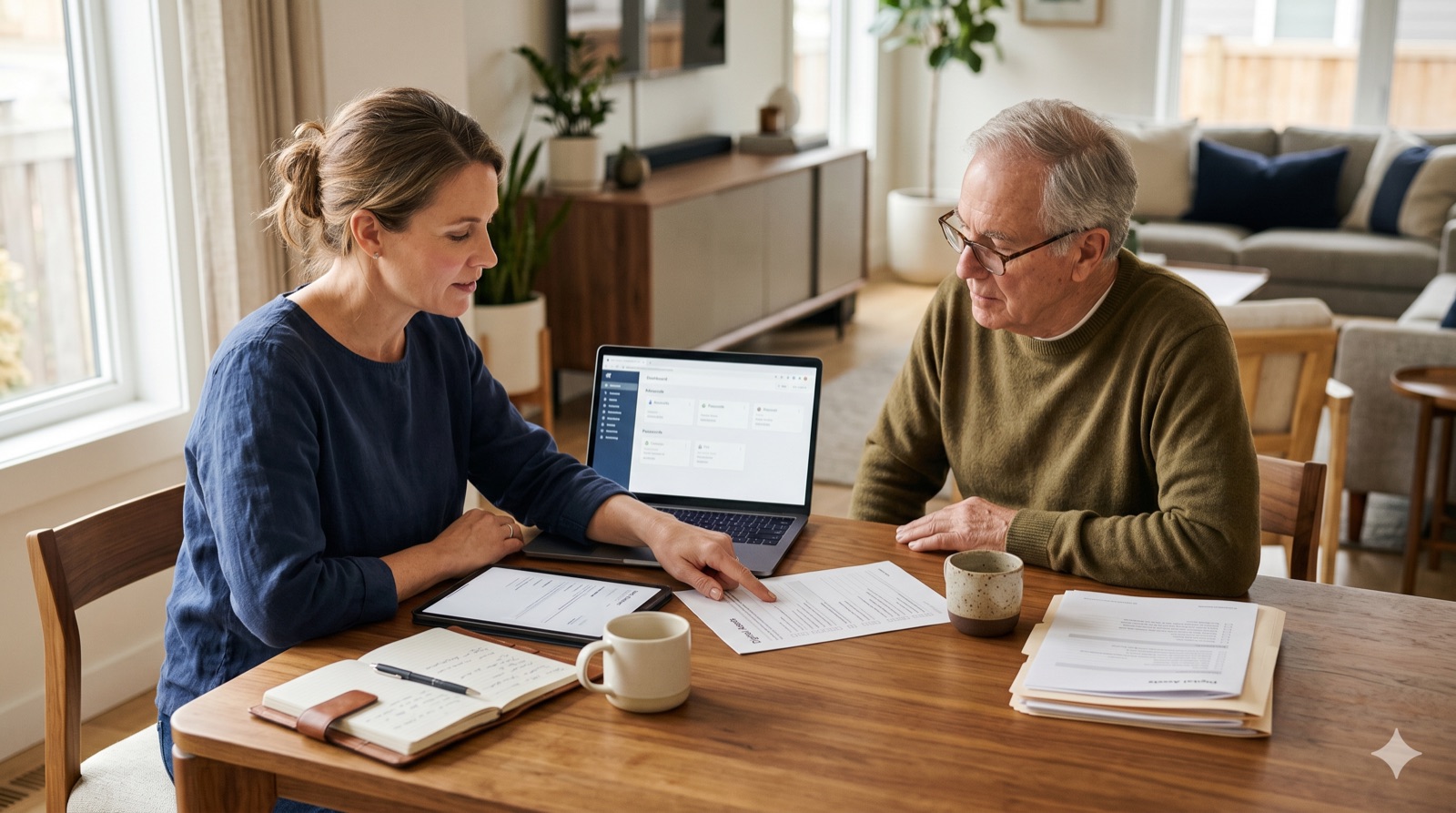 An adult daughter and her aging father sit at a dining table, reviewing a digital assets checklist on a laptop and printed pages.